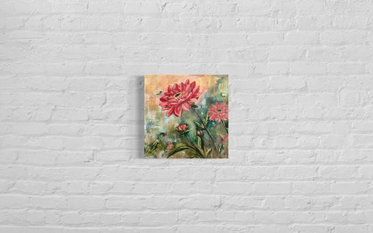 SOLD “Dahlias Hum” – 14x14 Original Acrylic Painting on Canvas