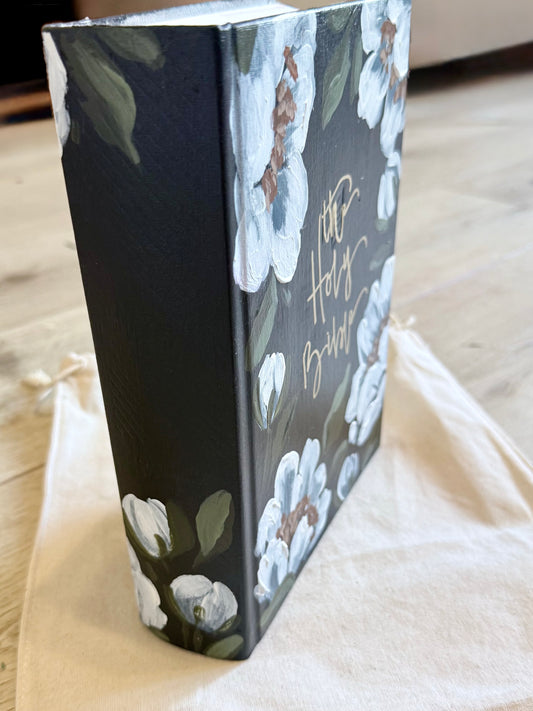 Painted She Reads Truth Bible – White Peonies on Black | Jeremiah 29:11