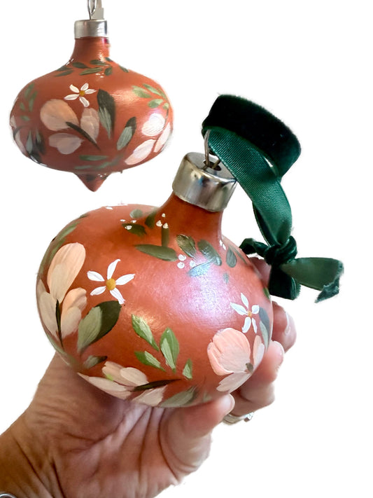 Hand-Painted Ceramic Ornament – Terracotta & Neutral Florals (Teardrop Shape)