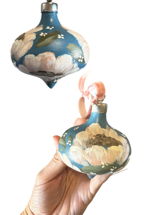 Hand-Painted Ceramic Ornament – Muted Blue & Neutral Florals (Teardrop Shape)