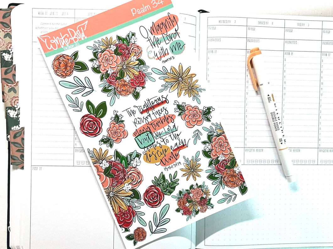 Psalm 34 Faith Stickers| christian Planner Stickers|Spring Stickers|Summer Bright Florals | Bible Journaling Stickers|Faith Sticker Sheets